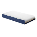 Navy blue pull-out trundle bed with white single mattress and wooden slats, space-saving underbed storage for kids' bedrooms