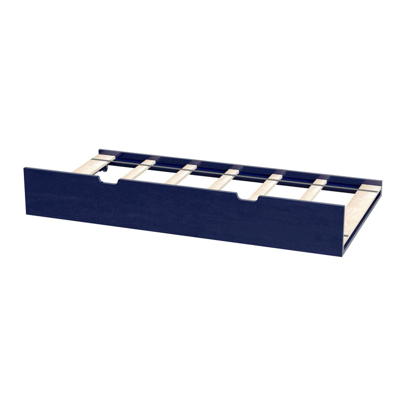 Navy blue wooden trundle bed frame with wooden slats, low-profile underbed storage drawer designed for a twin mattress
