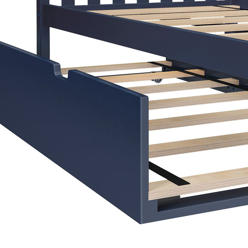 Blue wooden bed frame with pull-out storage drawer.