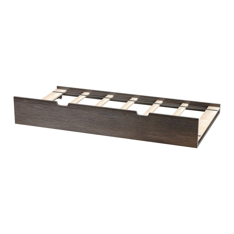 Wooden under-bed storage drawer with slatted base and curved cutout handles, dark brown wood-grain finish