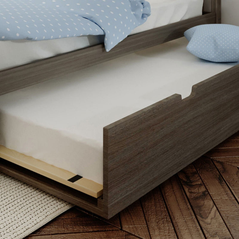 Grey wood trundle bed with underbed storage drawer, white mattress and blue polka dot bedding on hardwood floor