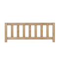 Natural light wood slatted bed footboard with vertical slats and simple farmhouse-style rails