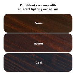 Wood finish color variations under different lighting conditions: warm, neutral, cool.