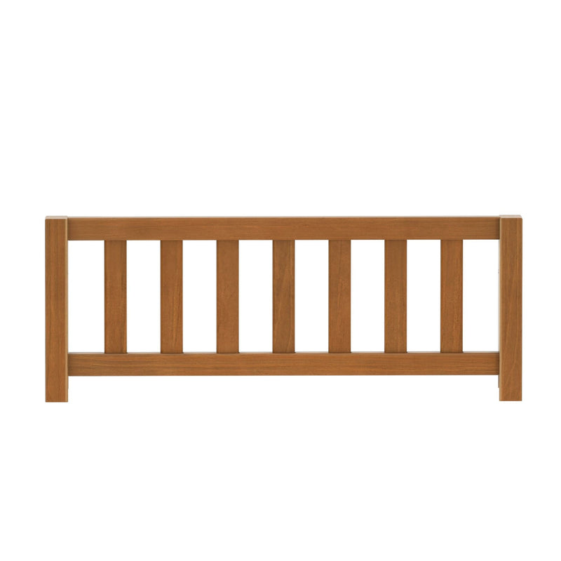 Solid wood slatted bed headboard in warm natural finish, modern farmhouse bedroom furniture