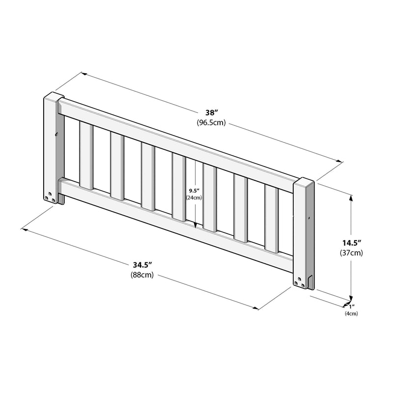 Toddler bed rail safety guard technical drawing showing white wooden slatted bed guard with measurements: 38" (96.5 cm) overall length, 34.5" (88 cm) inner length, 14.5" (37 cm) height, 9.5" (24 cm) slat spacing, 1" (4 cm) thickness