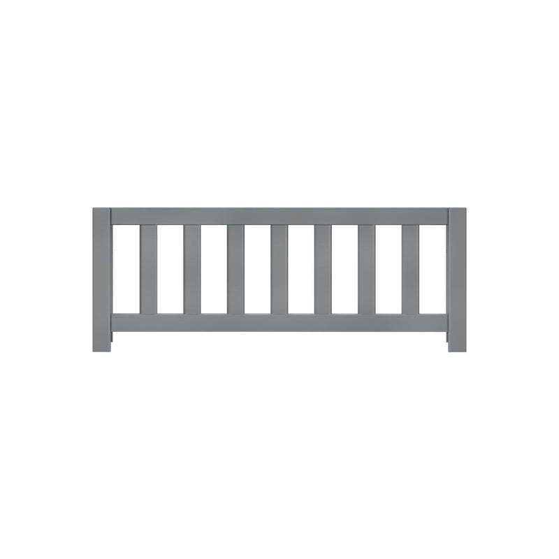 Gray wooden safety bed rail for toddlers and children.