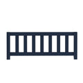 Navy blue wooden fence panel with evenly spaced vertical slats and square posts, isolated on white background