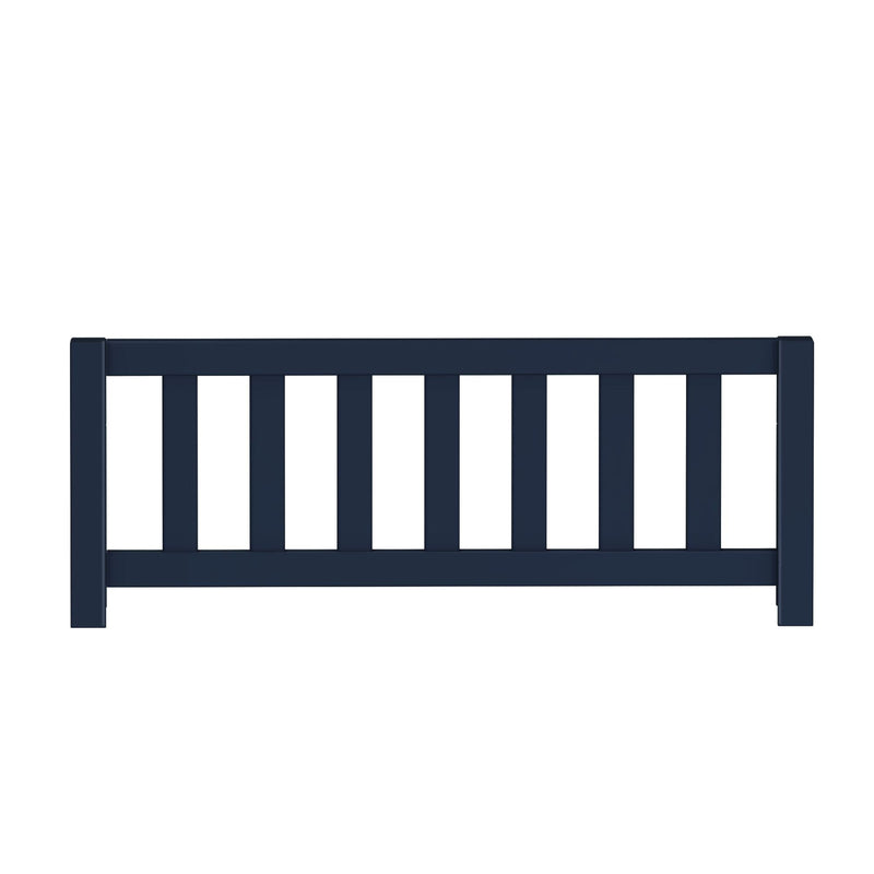 Navy blue wooden fence panel with evenly spaced vertical slats and square posts, isolated on white background