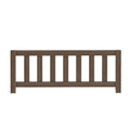 Brown wooden slatted bed headboard with vertical slats farmhouse-style panel on white background
