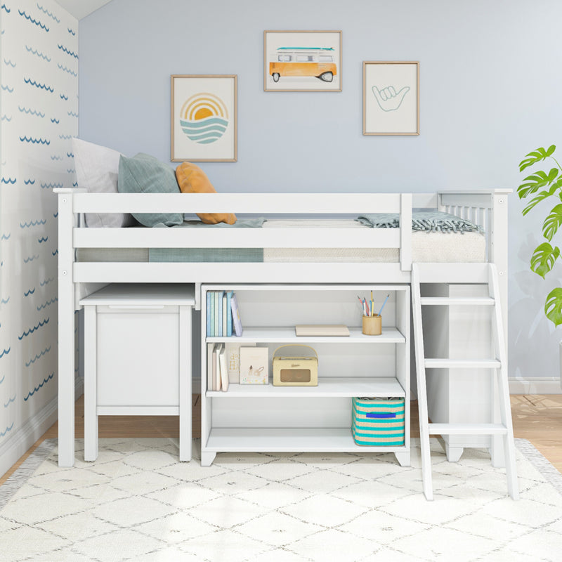 White kids loft bed with built-in desk, open shelving and ladder in coastal-themed nursery — space-saving storage bed for toddlers and children.