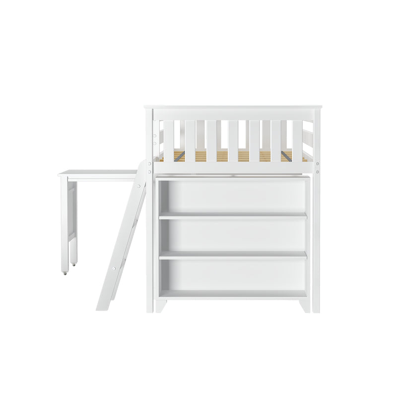 White wooden loft bed with attached ladder and built-in desk and shelves for children's room storage solutions.
