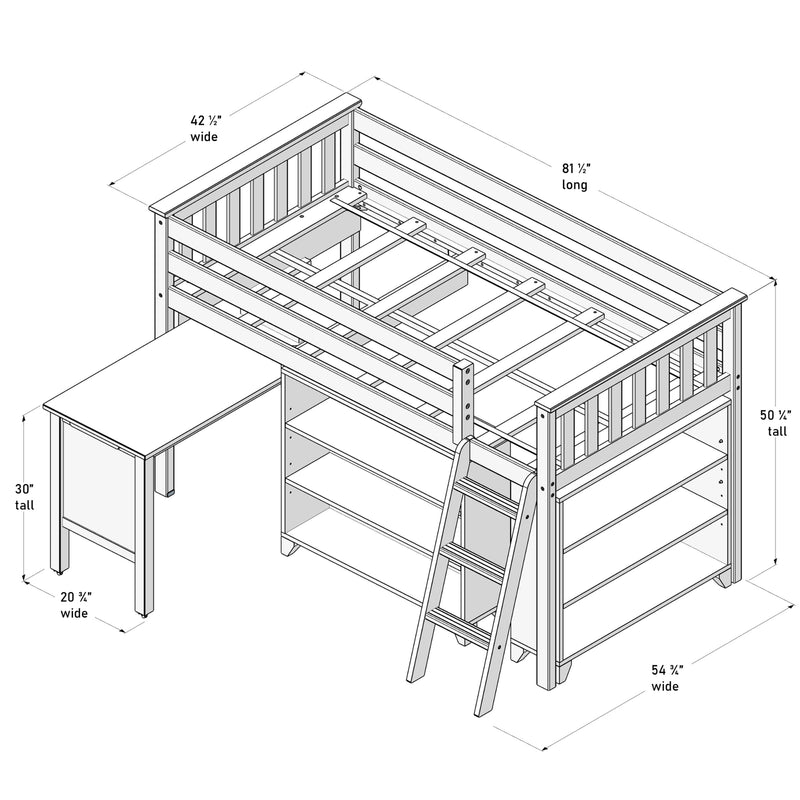 Loft bed with built-in ladder and integrated desk, shelving unit, and precise dimensions; optimal space-saving furniture solution.