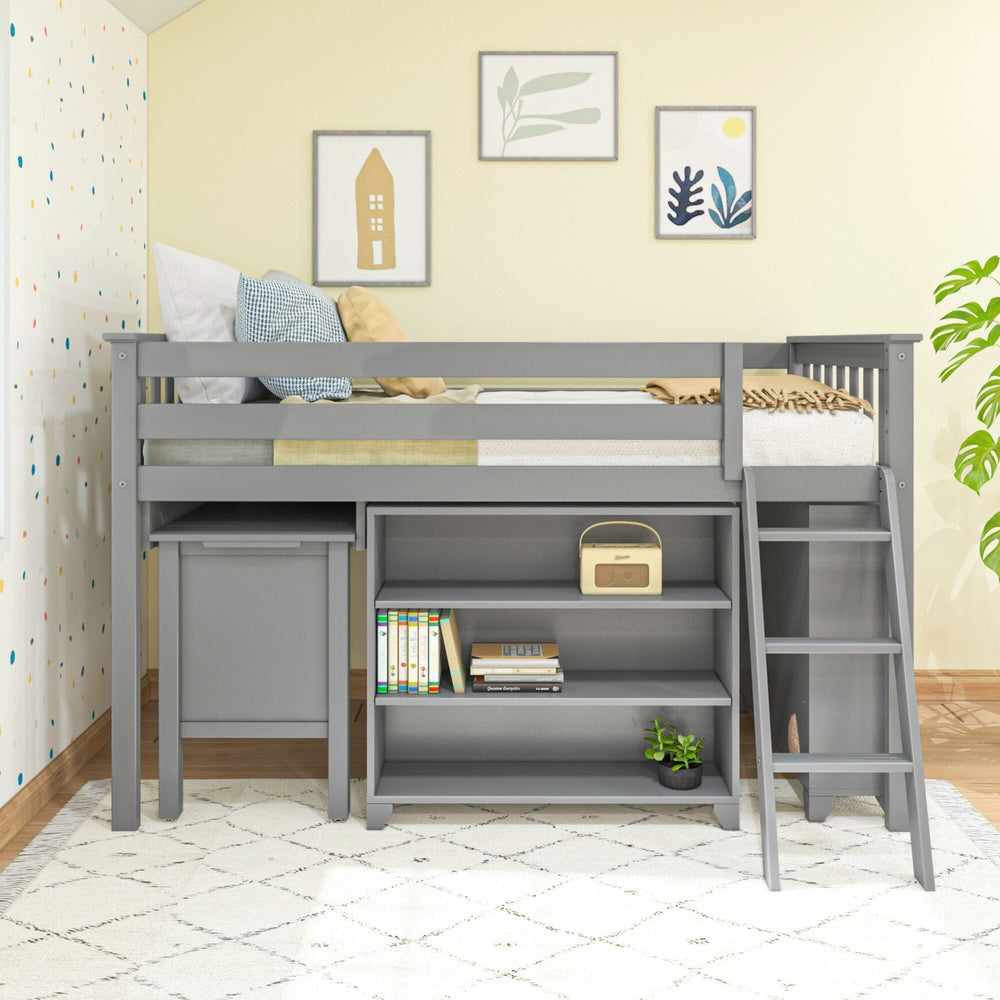 18-3B3BDK-121 : Loft Beds Twin-Size Low Loft With Pull-Out Desk & 3-Shelf Bookcases, Grey