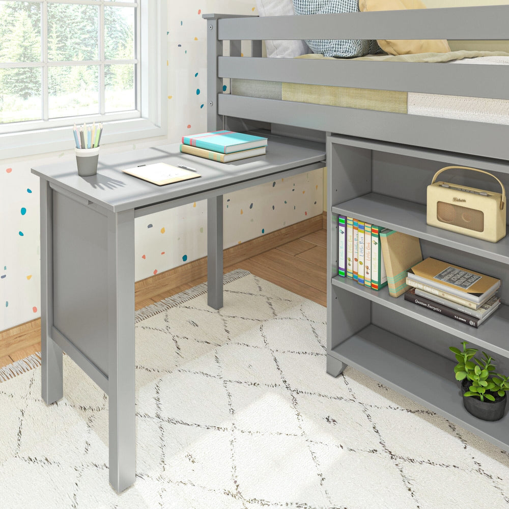 18-3B3BDK-121 : Loft Beds Twin-Size Low Loft With Pull-Out Desk & 3-Shelf Bookcases, Grey