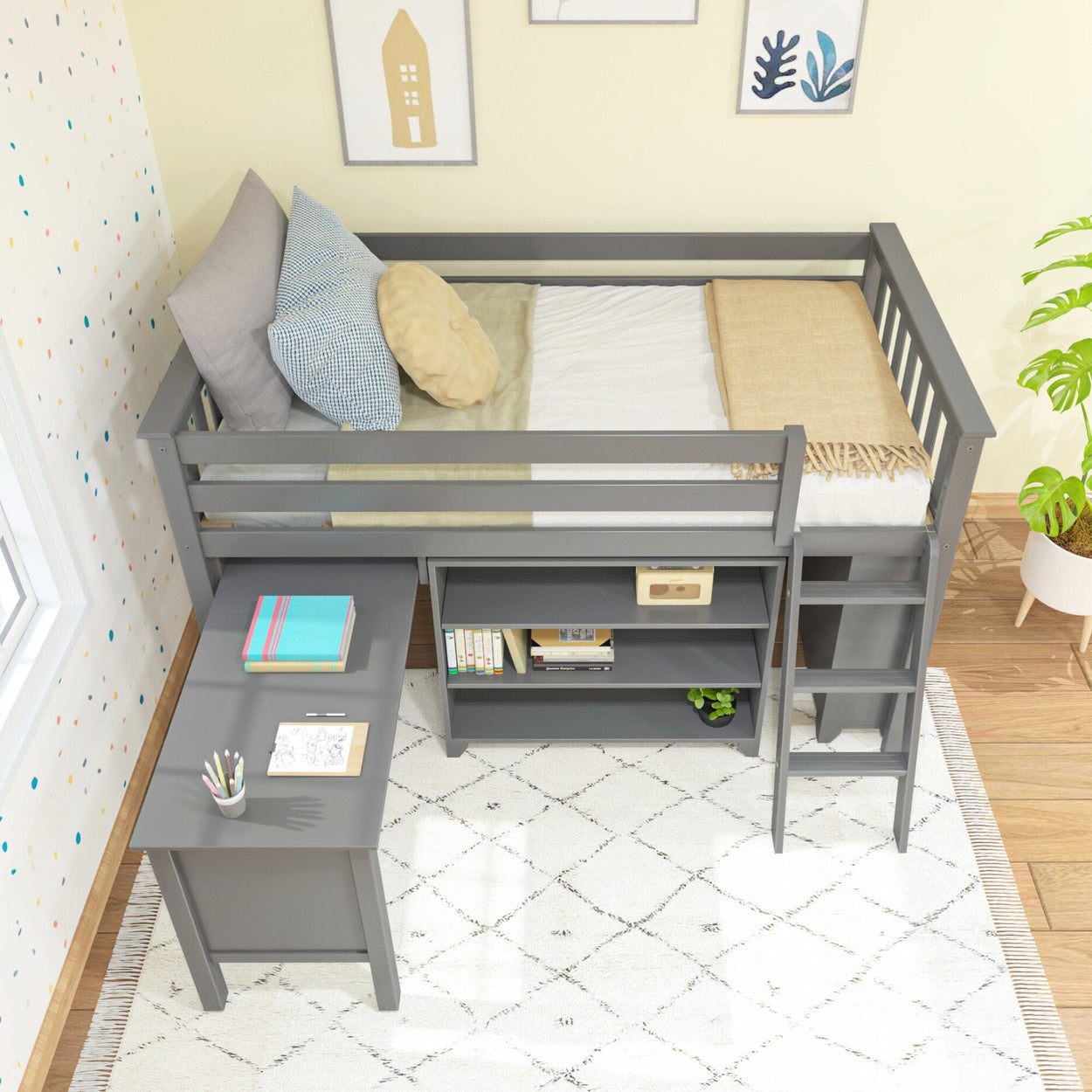 18-3B3BDK-121 : Loft Beds Twin-Size Low Loft with Pull-Out Desk and 3-Shelf Bookcases, Grey