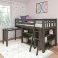 Dark wood kids loft bed with built-in desk and storage shelves in a pink girls bedroom with pastel cloud wall decals, rainbow wall art and white patterned rug