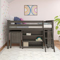 Gray wood loft bed with ladder and built-in storage in a pastel pink kids' bedroom, styled with blue and pink pillows, rainbow wall art, plant and patterned rug