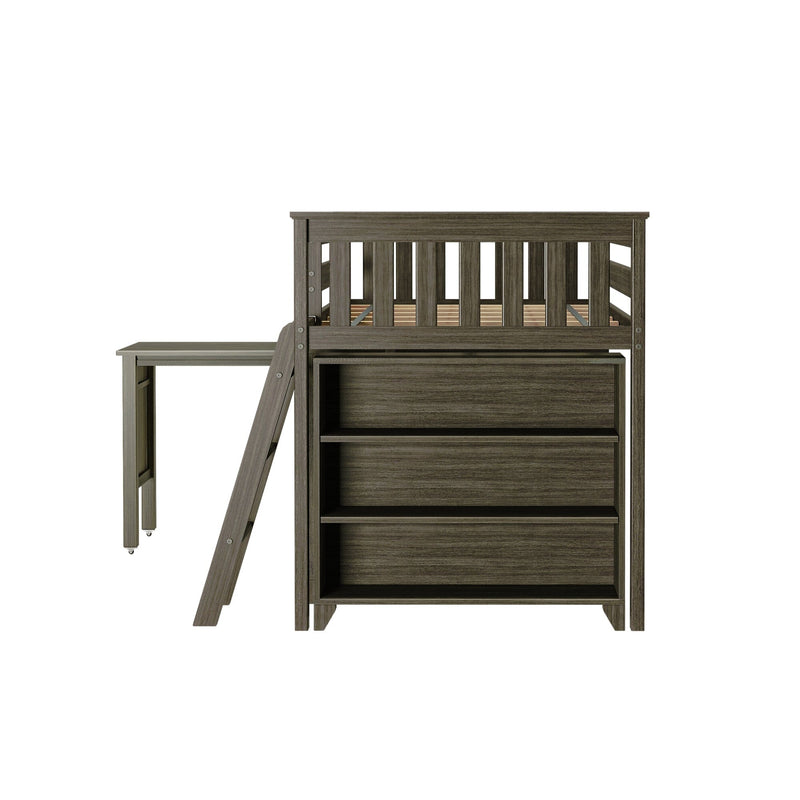 Gray wooden loft bed with attached desk and storage shelves, ideal for small bedrooms and space-saving solutions.