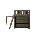 Space-saving loft bed with built-in desk, ladder, open shelving and under-bed storage drawers in dark gray wood finish
