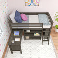 Gray wooden loft bed with built-in desk and shelving, blue pillow and pink round cushion, floral throw blanket, pastel wall decals and white patterned rug