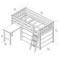 Loft bed with desk, built-in storage shelves and ladder — black-and-white assembly diagram with dimensions