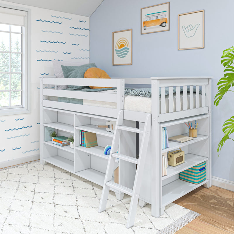 White loft bed with ladder and storage shelves in a modern kids' room with blue wave wall decor.