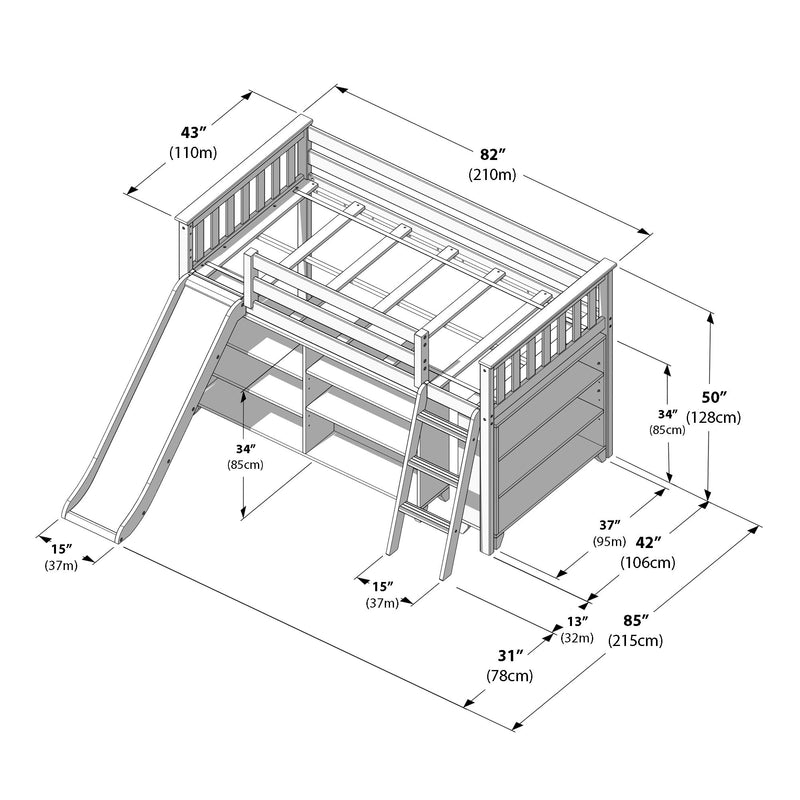 Kids wooden loft bed with slide and ladder, built-in storage shelves and safety guardrails — dimensional diagram with measurements in inches and cm