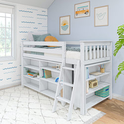 White wooden loft bed with built-in shelving and ladder in bright coastal children's bedroom, staged with pillows, books and storage baskets