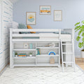 White loft bed for kids with built-in open shelves and ladder in modern pastel blue bedroom with books, toys, storage and plant