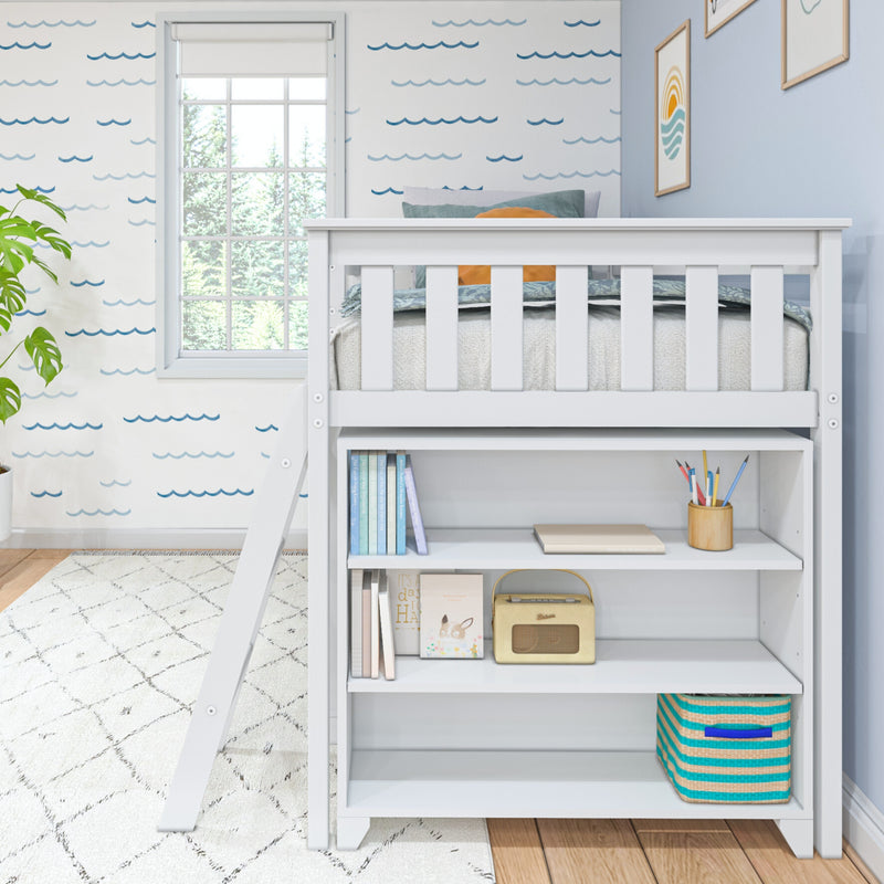 White children’s loft bed with built-in bookshelf and ladder in a bright, colorful bedroom.