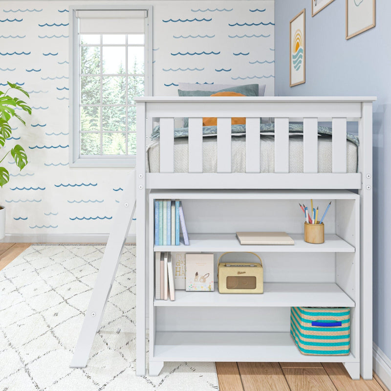 White kids loft bed with built-in shelves and ladder in coastal-themed nursery, storage baskets, children's books, toy radio, pencil cup, blue wave wallpaper and window view
