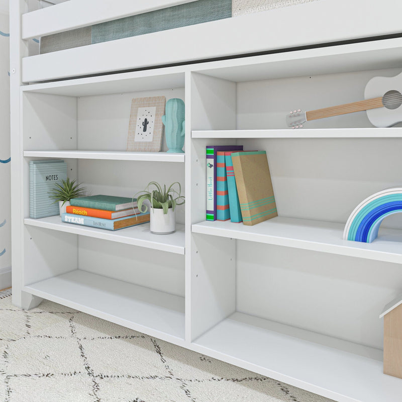 White kids bookshelf and nursery shelves with colorful children's books, potted plants, wooden toy guitar and rainbow toy — modern kids' bedroom storage and decor
