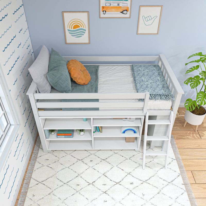 White kids loft bed with storage shelves and ladder in a modern bedroom.