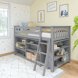 18-3B6B-121 : Loft Beds Twin-Size Low Loft with 3-Shelf Bookcase and 6-Shelf Bookcase, Grey