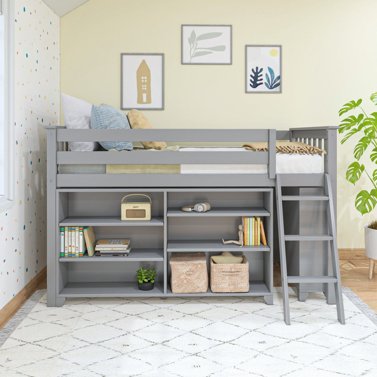 18-3B6B-121 : Loft Beds Twin-Size Low Loft with 3-Shelf Bookcase and 6-Shelf Bookcase, Grey