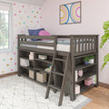 Gray wooden loft bed with built-in storage shelves and ladder in pastel pink kids' bedroom with rainbow wall art, cloud decals, and decorative pillows