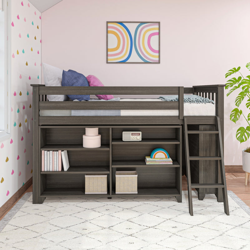 Loft bed with dark wood finish, integrated storage shelves, and ladder in modern kids' room.