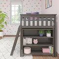 Grey wooden loft bed with built-in shelving and storage in a pink cloud wallpaper nursery, featuring a window, potted plants, children's books and a pink alarm clock