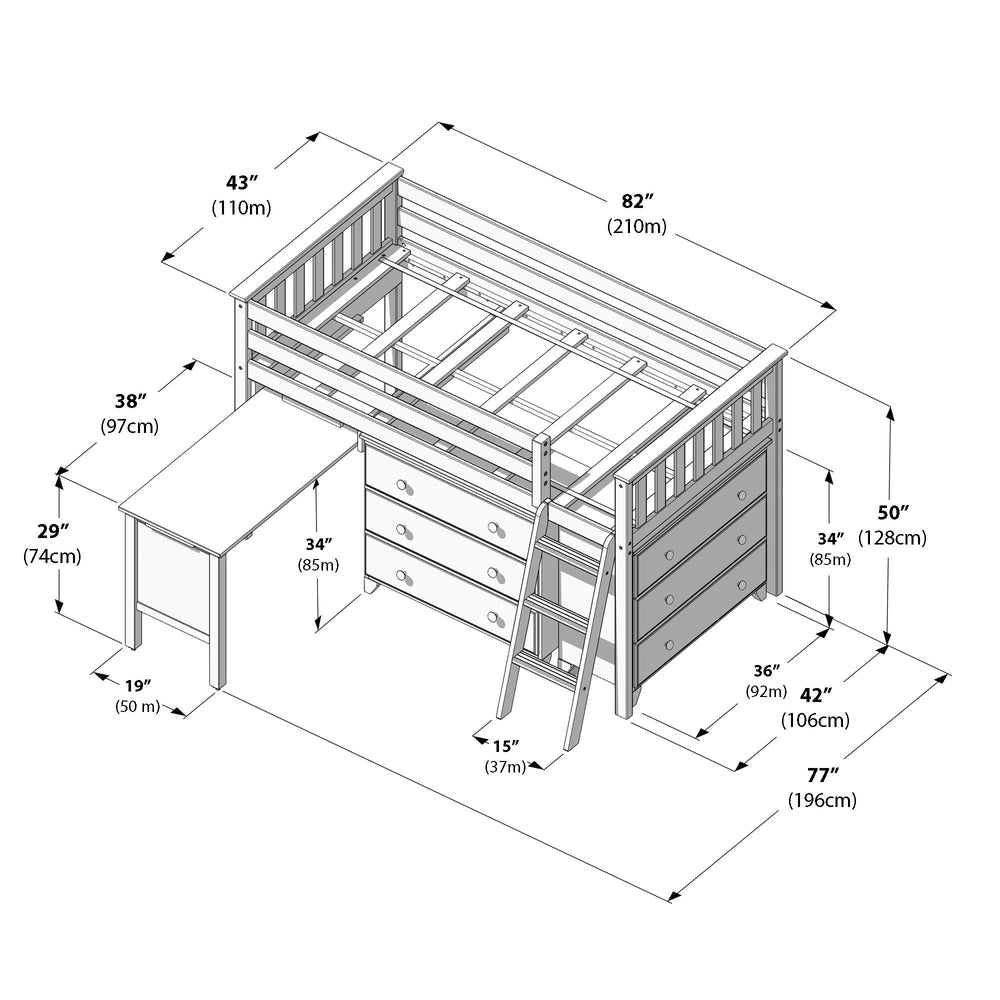 Loft bed with ladder, built-in desk, and drawers dimensions diagram.