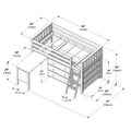 Isometric assembly diagram of a wooden loft bed with integrated dresser, ladder and pull-out desk showing annotated dimensions in inches and centimeters — loft bed with storage and workspace