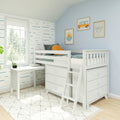 White wooden twin loft bed with built-in storage drawers, pull-out desk and ladder in a light blue nautical-themed children's bedroom with large window and patterned rug