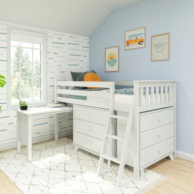 White wooden twin loft bed with built-in storage drawers, pull-out desk and ladder in a light blue nautical-themed children's bedroom with large window and patterned rug