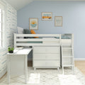 White loft bed with built-in storage drawers and ladder in a coastal blue kids' bedroom with wave-pattern wallpaper, teal and orange cushions, and three framed beach-themed prints