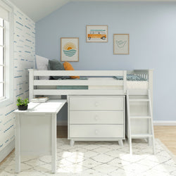 Stylish kids loft bed with desk and storage, modern white design, ideal for small bedrooms.