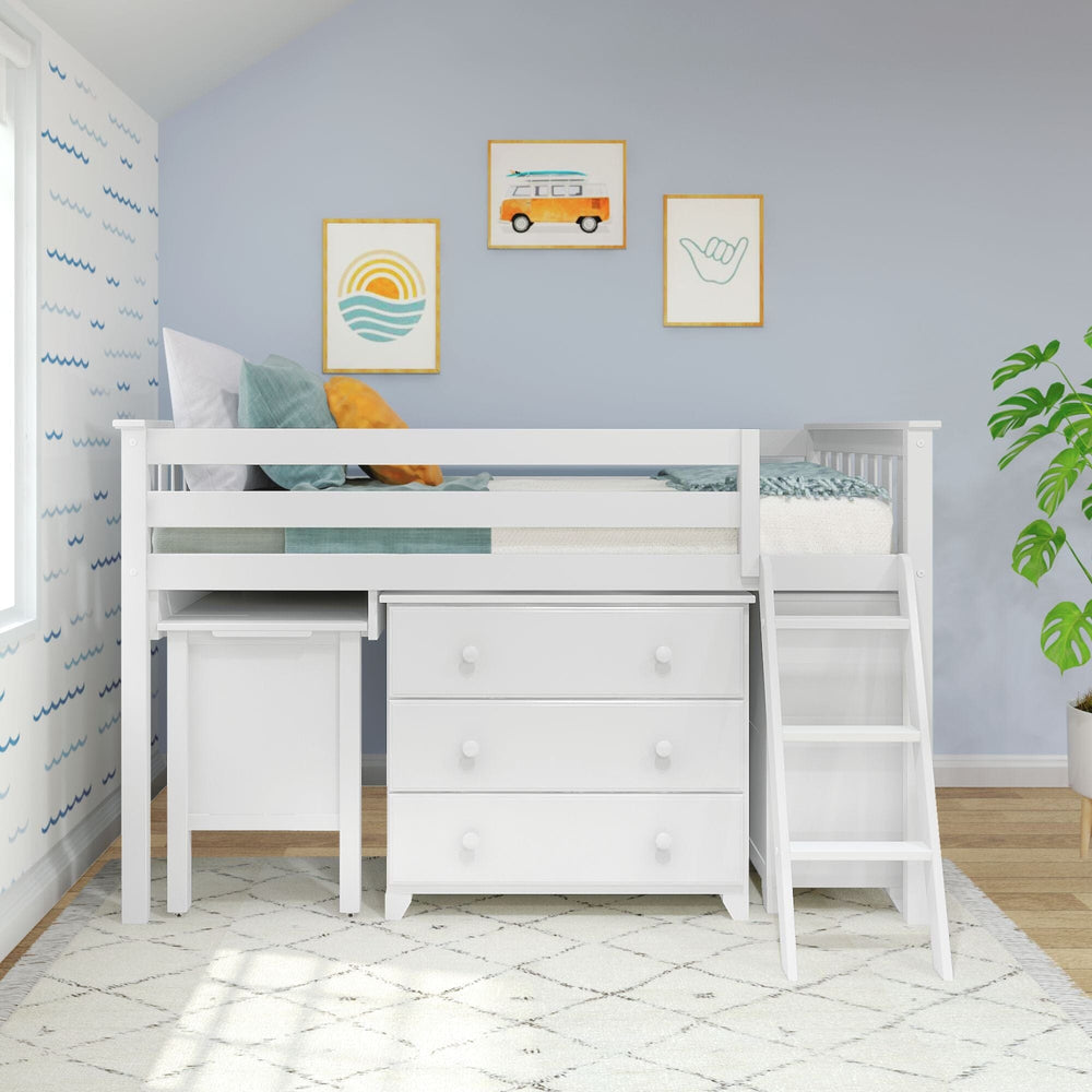 18-3D3DDK-002 : Loft Beds Twin-Size Low Loft With Pull-Out Desk & 3-Drawer Dressers, White