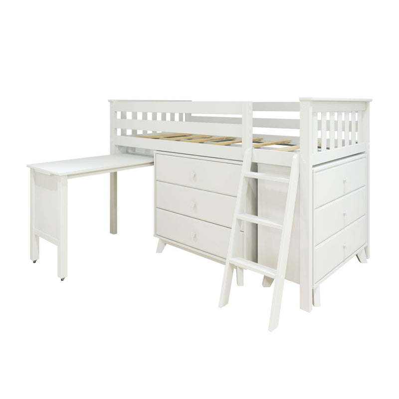 White wooden twin loft bed with three built-in drawers, pull-out desk and ladder, slatted guardrails — space-saving kids’ bedroom storage and study solution