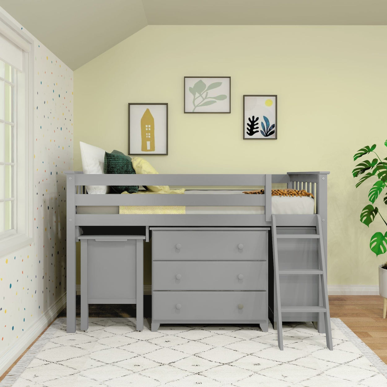 18-3D3DDK-121 : Loft Beds Twin-Size Low Loft with Pull-Out Desk and 3-Drawer Dressers, Grey