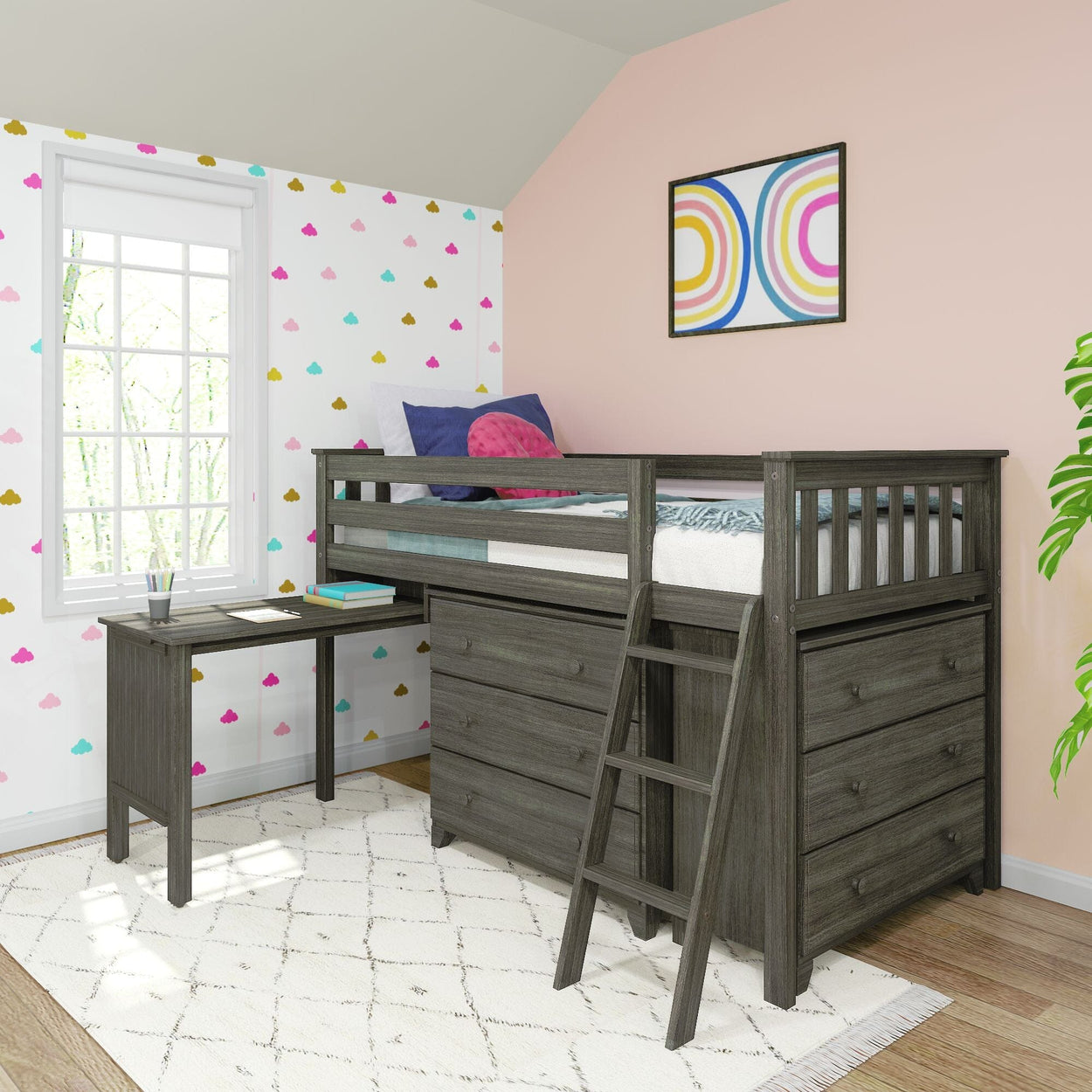 18-3D3DDK-151 : Loft Beds Twin-Size Low Loft with Pull-Out Desk and 3-Drawer Dressers, Clay