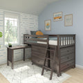 Kids loft bed with built-in desk and storage drawers in dark wood, coastal-style bedroom with blue walls and framed wall art