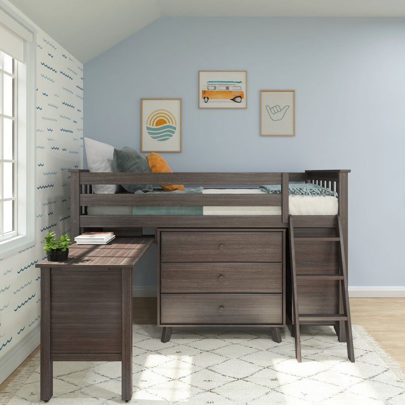 Dark wood kids loft bed with built-in desk and dresser in coastal blue nursery, framed surf van, sun-and-waves and shaka wall art